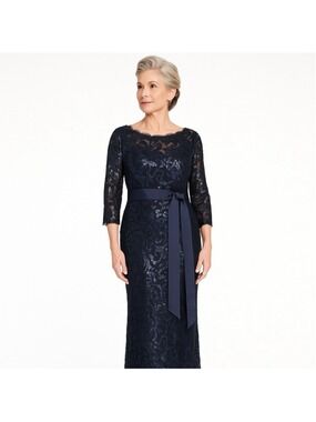 Tadashi Shoji Sequin Lace Evening Gown Navy Blue Size Large to XL